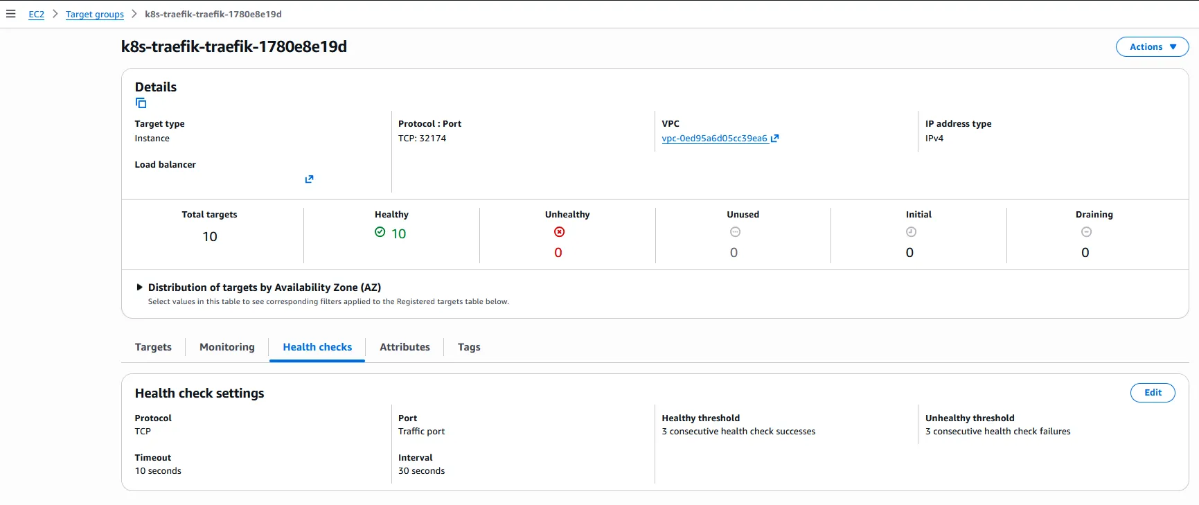 AWS console in the Target Groups menu, showing that the health check port is no longer present.