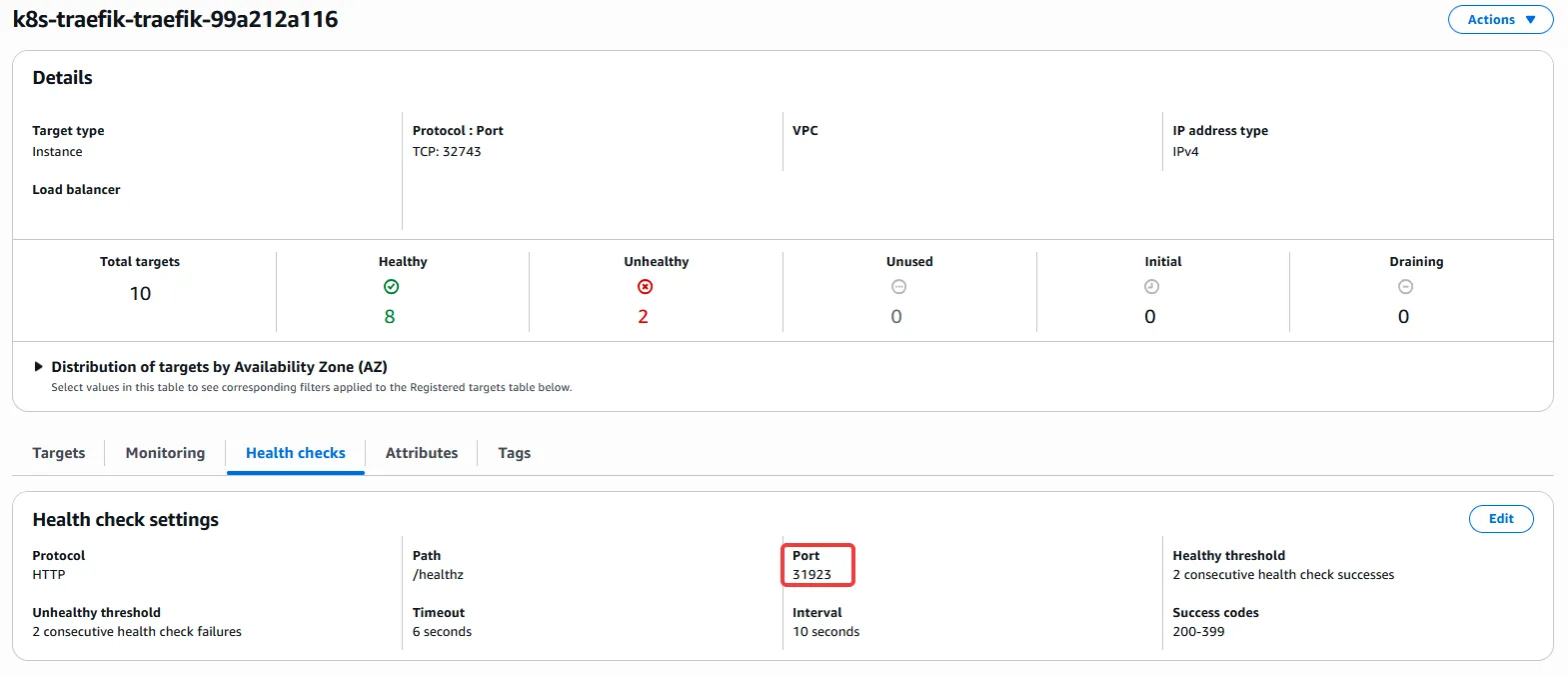 AWS console in the Target Groups menu, highlighting the health check port in the group configuration.