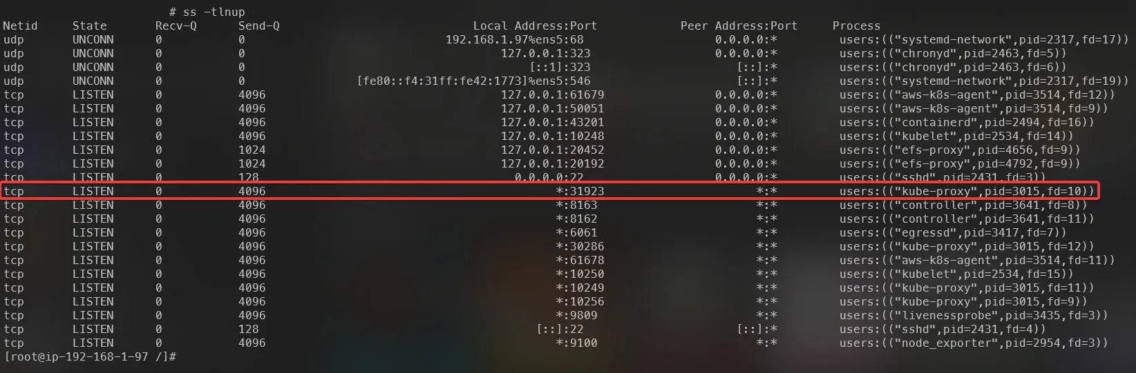List of processes running inside a Kubernetes Node, highlighting the kube-proxy process listening on the health check port configured in the Service.