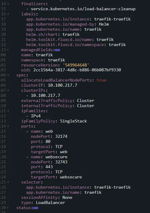 Kubernetes manifest of a Traefik LoadBalancer Service configured with "externalTrafficPolicy: Cluster".