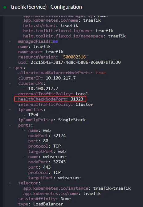 Kubernetes manifest of a Traefik LoadBalancer Service highlighting the healthCheckNodePort parameter.